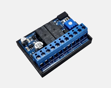 24V relay module with blue screw terminal block and black electrical components for circuit control.