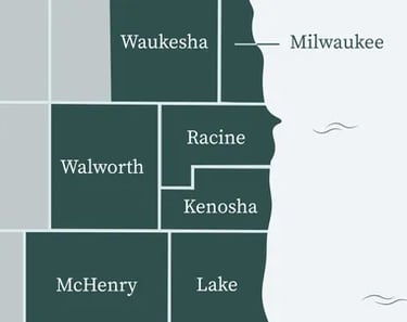service area map showing Milwaukee, Waukesha, Racine, Kenosha, Walworth, Lake, and McHenry counties – Rise Up Window Covering