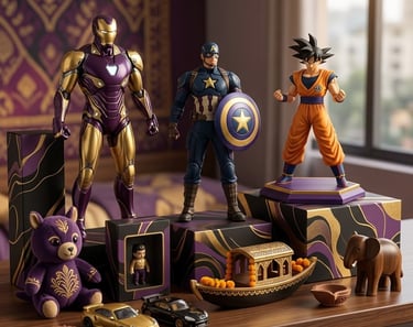 Action figures of Iron Man, Captain America, and Goku displayed with decorative Indian cultural toys.