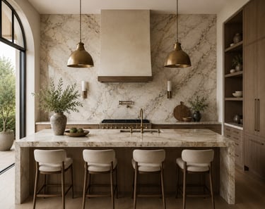 Modern luxury kitchen with a marble waterfall island, brass pendant lights, and elegant stone backsplash.