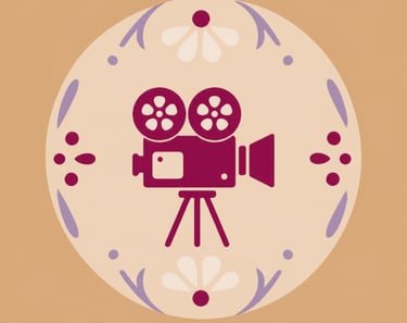 A vintage movie camera icon on a tripod inside a decorative floral circle for cinema branding.