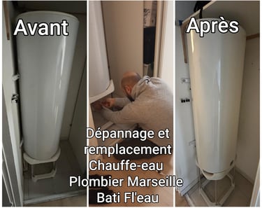 Avant et après urgence, dépannage d'un chauffe-eau par un plombier professionnel à Marseille.