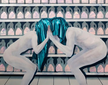 Surreal oil painting of two figures under a blue cloth against a backdrop of detergent jugs.
