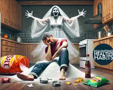 A distressed man sitting in a kitchen surrounded by spilled salt and chips as the Salt Siren