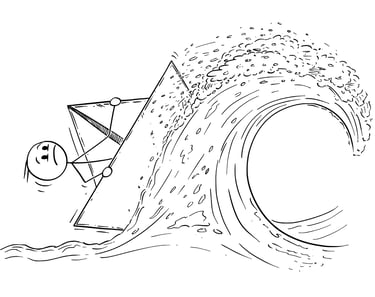 Dessin stickman inquiet qui vogue sur une vague