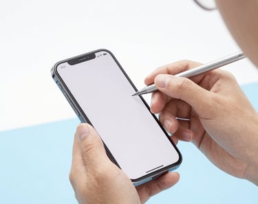 Close-up of a technician's hands inspecting a clean smartphone under bright studio light, white and pale blue background, high-key photography