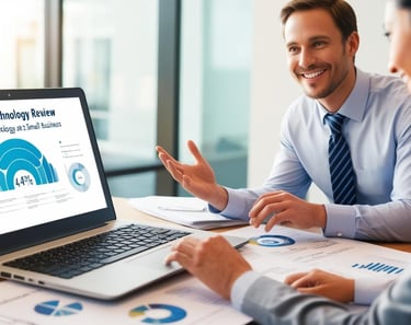 Business professionals performing a strategic technology review using a laptop with data charts.