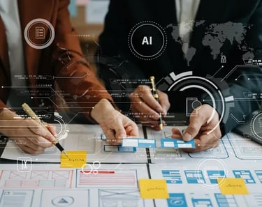 UI UX designers using AI technology to develop mobile app wireframe prototypes and digital interface layouts.