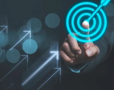 Businessman touching a digital target icon with rising arrows symbolizing business growth and marketing success.