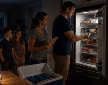 A concerned family checks a refrigerator with a thermometer and cooler during a dark home power outage.