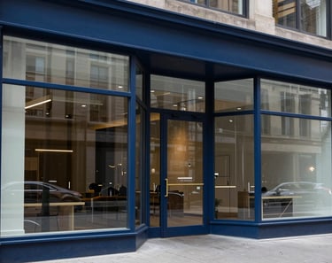 A sleek, modern storefront in a North American &amp;#x2F; US - Pacific Northwest urban district. The image shows large, clean commercial glass panels with professional deep blue metal frames. The lighting is crisp, highlighting the transparency and high-quality installation expected for Portland businesses.