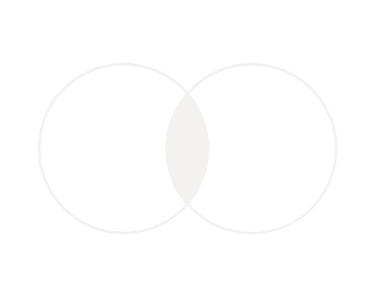 A minimalist black and white Venn diagram showing two overlapping circles on a black background.