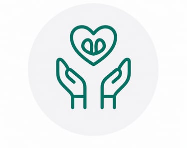Green line icon of hands holding a heart, representing charity, healthcare, and community support.