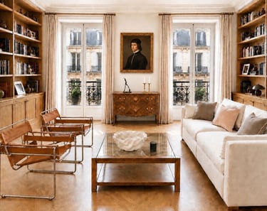 Salon haussmannien avec bibliothèques en bois, canapé blanc et fauteuils en cuir marron sur parquet.