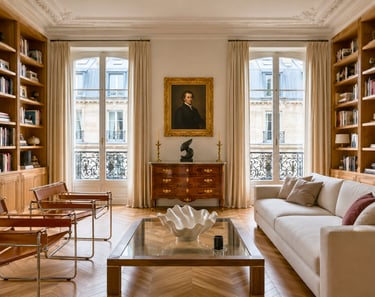 Salon haussmannien avec bibliothèques sur mesure et mobilier contemporain.