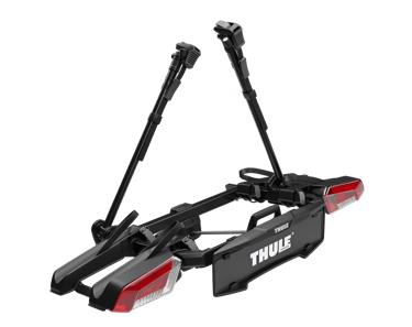 Thule towbar mounted bike rack unfolded and ready for two bicycles.