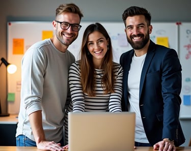 two men and a woman standing in front of a laptop