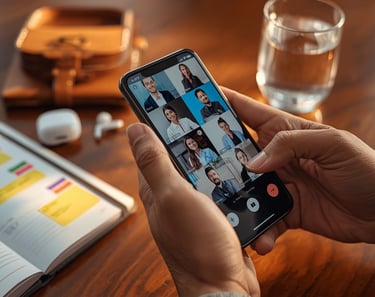 Video call on smartphone with planner and workspace behind