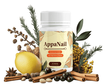 AppaNail dietary supplement bottle surrounded by natural ingredients like lemon, cinnamon, and herbs.