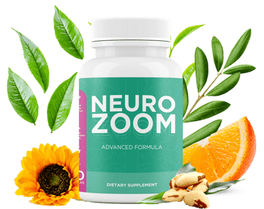 NeuroZoom advanced formula dietary supplement bottle with green leaves, orange slice, and sunflower.