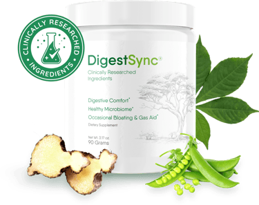 DigestSync digestive supplement powder jar with ginger root and green pea pods for gut health.