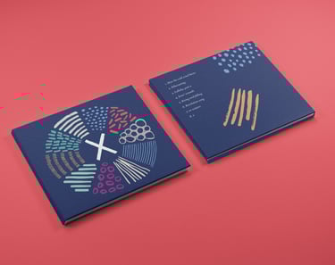 The front and back of a CD case laid out on a red background.