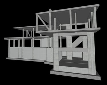 Moradia em Vila Alegre, concelho do Seixal. Projeto de Estruturas e Fundações. Vista tridimensional do modelo estrutural.