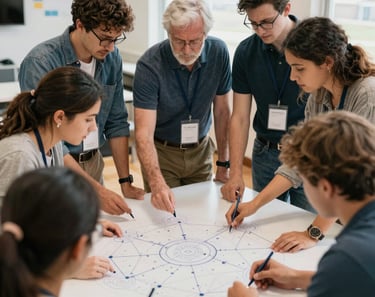 Engineers collaborating over detailed telecommunication system blueprints in a modern office.