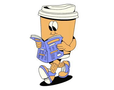 Personaje retro de Talenty, vaso de café leyendo con confianza