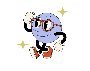 Personaje ilustrado de Talenty con forma de esfera azul, gafas rojas y actitud juvenil
