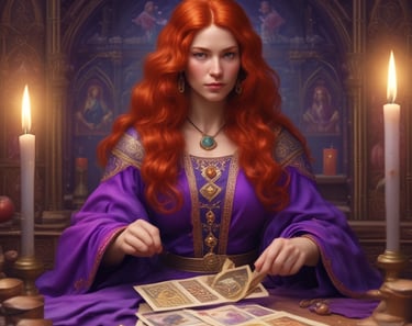 une femme en robe violette assise à une table avec des bougies
