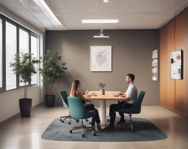 A serene office space with plants and soft lighting.