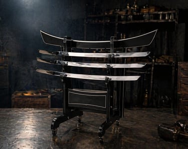 A tiered wooden stand displaying three sharp katana swords in a dark, traditional Japanese forge workshop.