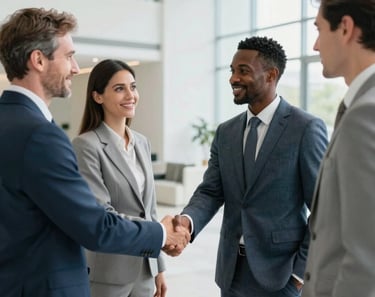 A professional photograph of business executives from diverse backgrounds shaking hands in a bright, modern lobby with minimalist architecture, utilizing Light Blue and Off-White tones, reflecting a sophisticated global atmosphere.