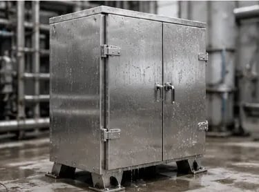 Durable stainless steel industrial enclosure with double doors for electrical equipment protection.