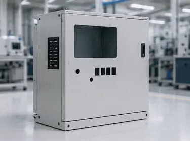 Industrial steel electrical enclosure cabinet with cutout windows in a clean manufacturing facility.