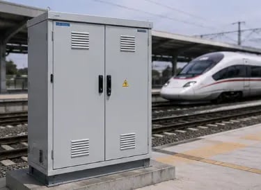 Outdoor electrical enclosure at a train station platform with a modern high-speed train on the tracks.