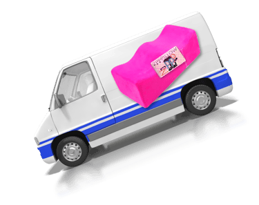 a white van with a pink zpp pillow shaped like box on it