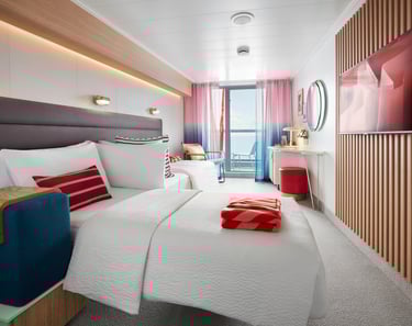 Modern luxury cruise ship cabin with white twin beds, private balcony, and wooden wall paneling.