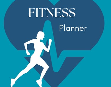 A fitness planner cover featuring a woman running over a heart-shaped heartbeat icon on a teal background.