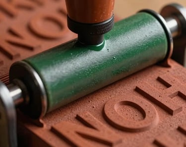 Extreme close-up of letterpress ink being rolled onto a typographic block, deep terracotta and forest green inks visible on the roller, tactile texture of the block surface under warm studio strobe light, no text readable