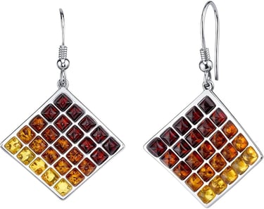 Modernist Genuine Multicolor Baltic Amber Dangle Earrings in Sterling Silver, Designer Square Waffle Drops