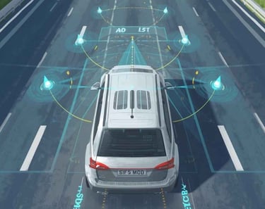 Veículo com sensores e câmeras ilustrando sistemas ADAS e direção semiautônoma.