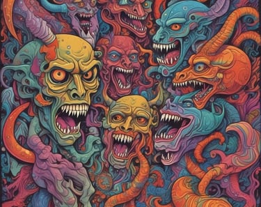 a poster of a group of monsters with their heads turned to look like they are