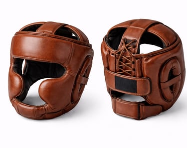 Padded leather protective headgear designed for boxing and mixed martial arts training.