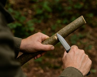 Man carving wood stick with knife for wilderness stake or cooking skewer