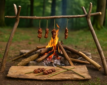 Meat drying and smoking over open fire using primitive survival tripod grill