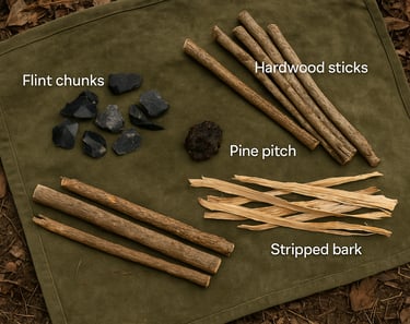Fire starting kit with pine pitch bark hardwood sticks and flint chunks for primitive bushcraft and survival fire