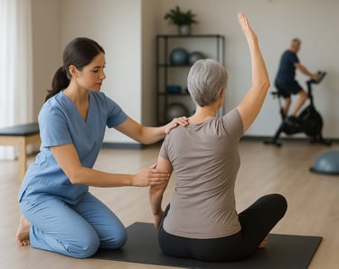 Therapist working with patient in a calm yoga pose, encouraging first appointment
