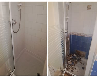Before and after comparison of a bathroom shower stall renovation with new white subway tile.